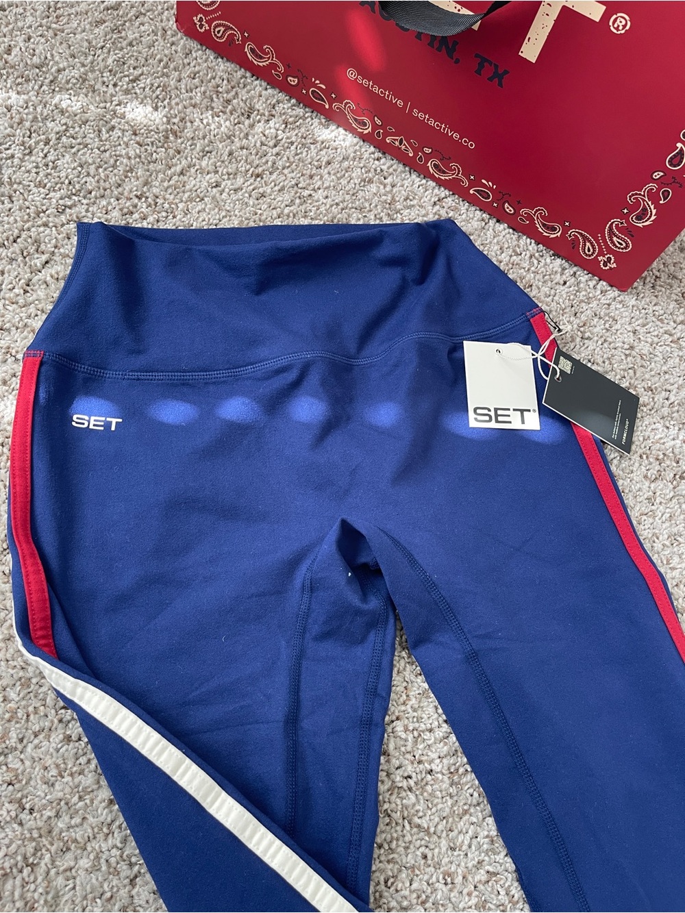 SET Active Navy Leggings with Red & White Side Stripes - Picture 2 of 3